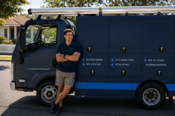 Plumber standing beside a service van in South Coogee