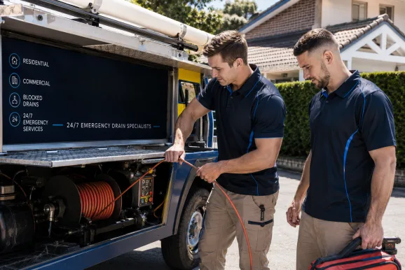 Two plumbers working on a blocked drain in South Coogee